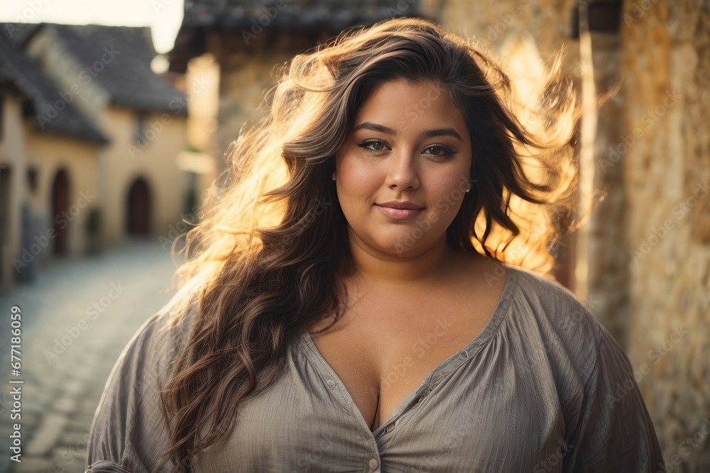 Closeup portrait of a beautiful happy smiling fat woman with long hair in the yard of the house Closeup portrait of a beautiful happy smiling fat woman with long hair in the yard of the house