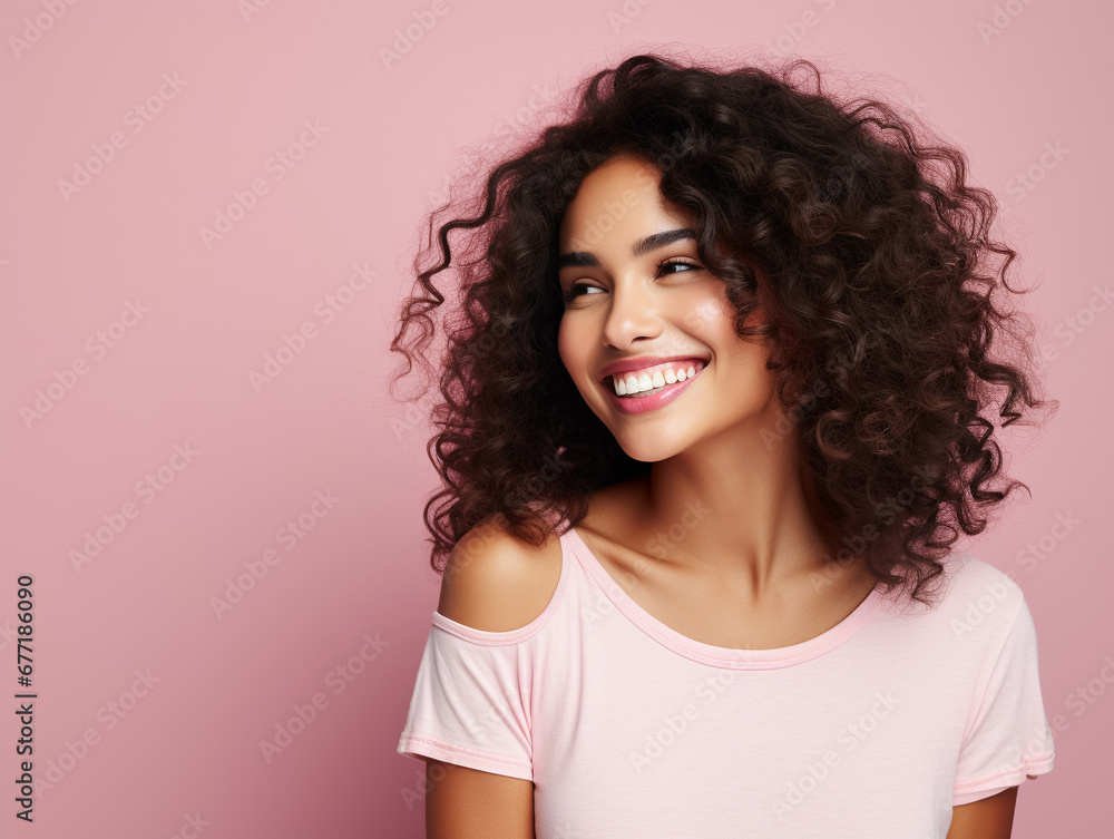 Young brunette with curly hair smiling on pastel background. Generative AI. Young brunette with curly hair smiling on pastel background. Generative AI.