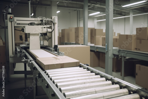 Carton on roller conveyor. Industrial logistics warehouse. Generative AI.