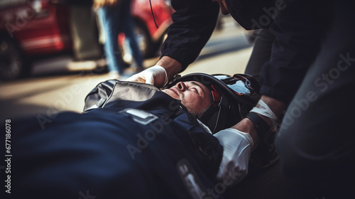 Parachutist helping an injured man in a car accident.