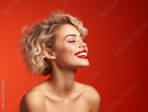 Beautiful blonde woman in red lipstick smiling in profile on a red background. Generative AI. photo