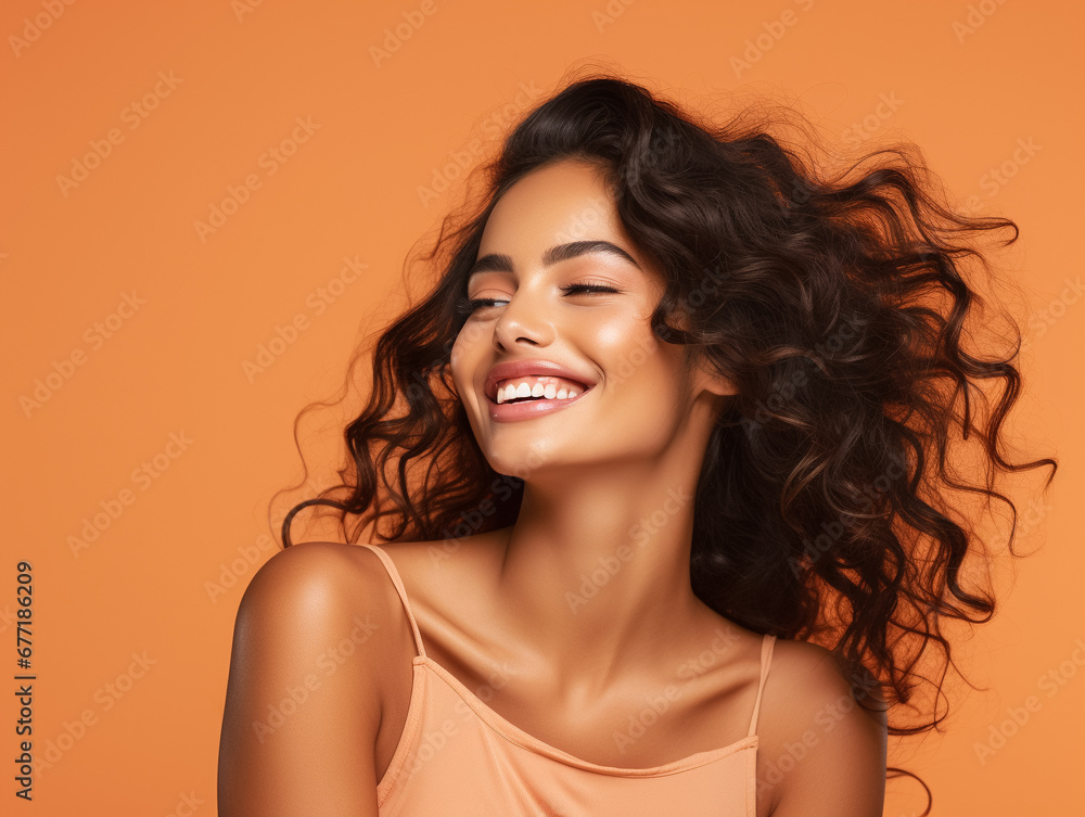Young wavy-haired woman smiling on a pastel background. Generative AI. Young wavy-haired woman smiling on a pastel background. Generative AI.