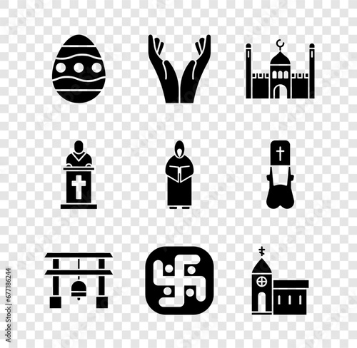 Set Easter egg, Hands in praying position, Muslim Mosque, Japan Gate, Jainism, Church building, pastor preaching and Monk icon. Vector