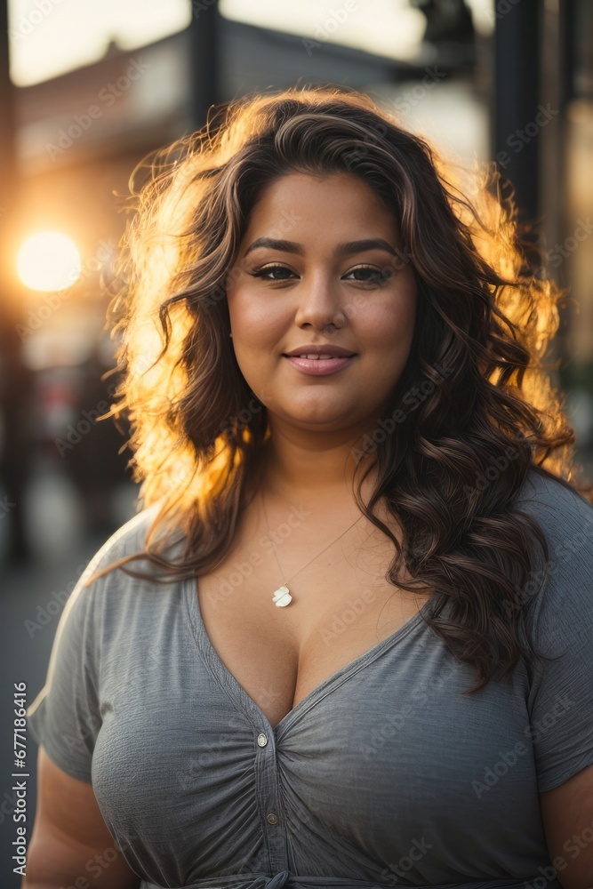 Close-up portrait of a beautiful smiling plus size female model against the background of the old town. Body positive, happiness concepts