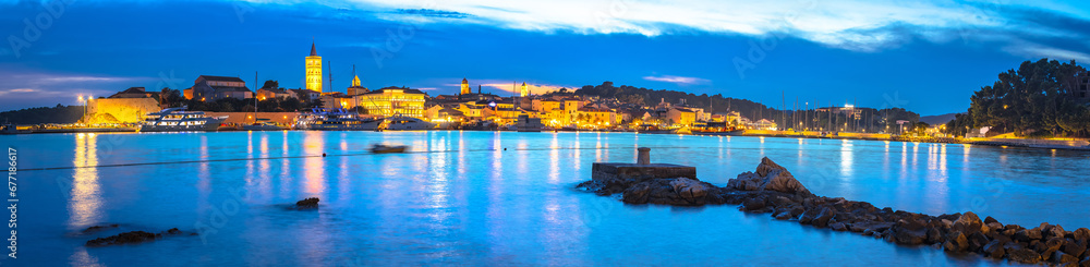 Historic town of Rab beach and architecture evening panoramic view