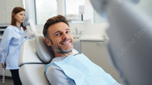 smiling male patient looking at camera while sitting in dental chair at clinic