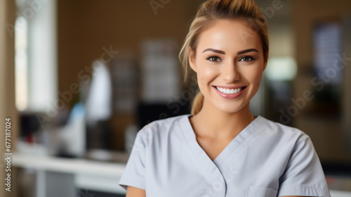 Portrait of a smiling female nurse standing in her office, looking at camera.