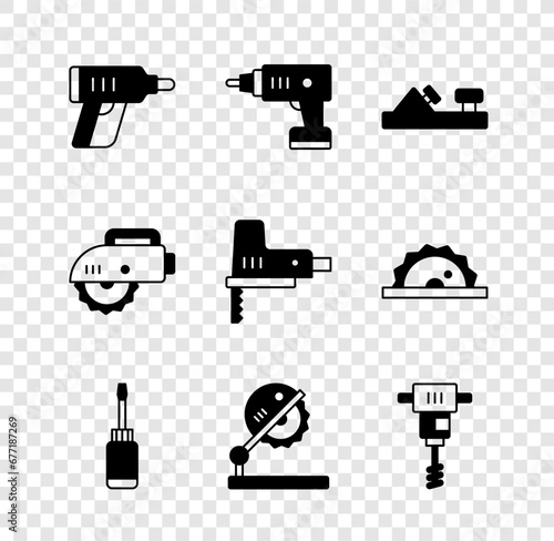 Set Electric cordless screwdriver, Wood plane tool, Screwdriver, Table saw for woodwork, Electrical hand concrete mixer, circular and jigsaw icon. Vector