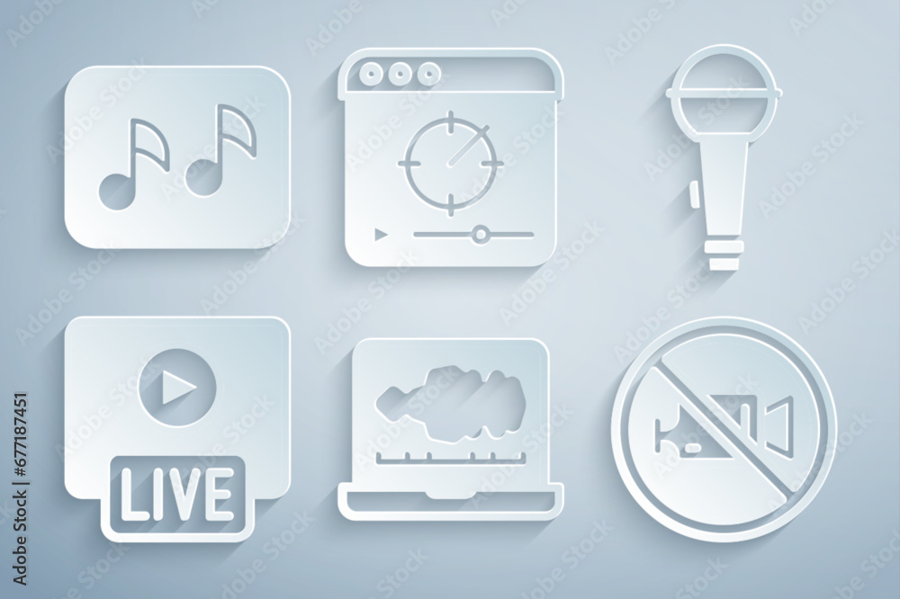 Set Sound or audio recorder, Microphone, Live stream, Prohibition no video recording, Online play and Music note, tone icon. Vector Set Sound or audio recorder, Microphone, Live stream, Prohibition no video recording, Online play and Music note, tone icon. Vector