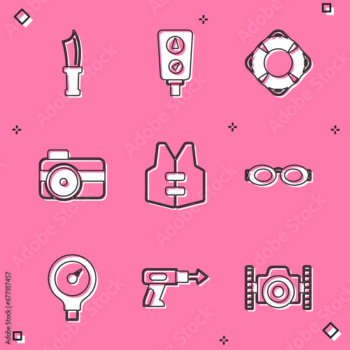 Set Diving knife, Gauge scale, Lifebuoy, Photo camera for diver, jacket, Glasses swimming, and Fishing harpoon icon. Vector