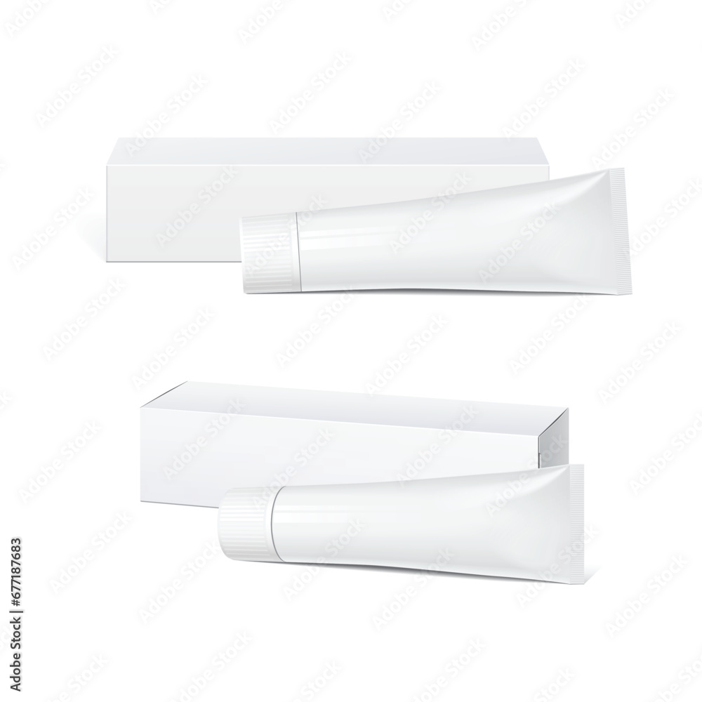 Cool Realistic white tube and packaging. For cosmetics, ointments, cream, tooth paste, glue. Template For Mockup Your Design. vector illustration. Cool Realistic white tube and packaging. For cosmetics, ointments, cream, tooth paste, glue. Template For Mockup Your Design. vector illustration.