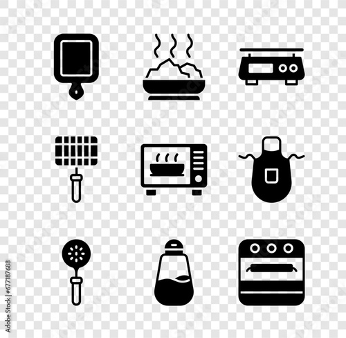 Set Cutting board, Bowl of hot soup, Electronic scales, Spatula, Salt, Oven, Barbecue steel grid and Microwave oven icon. Vector