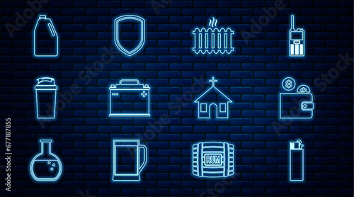 Set line Lighter, Wallet with coin, Heating radiator, Car battery, Fitness shaker, Household chemicals bottle, Church building and Shield icon. Vector