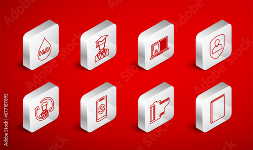 Set line Book, Graduate with graduation cap, Laptop dental card, User protection, Camera film roll cartridge, Water drop H2O, Smartphone dollar and Human resources icon. Vector