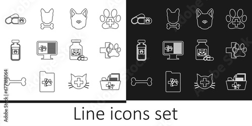 Set line Medical veterinary record folder, Veterinary clinic, Dog, Clinical pet on monitor, Pets vial medical, and pills, Cat medicine bottle and bone icon. Vector