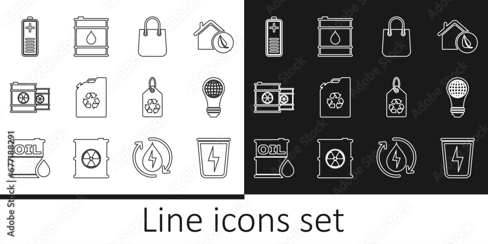 Set line Lightning with trash can, bulb world globe, Shopping bag, Eco fuel canister, Radioactive waste barrel, Battery charge level indicator, Tag recycle and Oil icon. Vector Set line Lightning with trash can, bulb world globe, Shopping bag, Eco fuel canister, Radioactive waste barrel, Battery charge level indicator, Tag recycle and Oil icon. Vector
