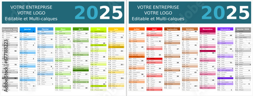 Calendrier 2025 14 mois au format 320 x 420 mm recto verso entièrement modifiable via calques et texte sans serif