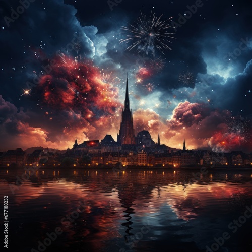 Culture at the end of the year with the beauty of fireworks celebrations in the sky, great for New Year, wallpaper, culture, blogs, social media etc. Ai generative image © callmeers