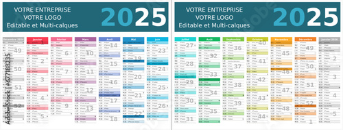 Calendrier 2025 14 mois au format 320 x 420 mm recto verso entièrement modifiable via calques et texte sans serif