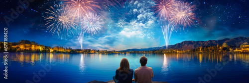 Couple watching the fireworks show from the lake at night