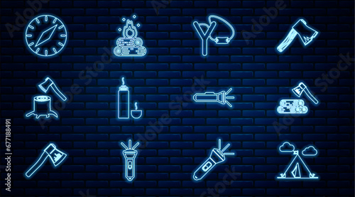 Set line Tourist tent with flag, Wooden axe and wood, Slingshot, Thermos container, stump, Compass, Flashlight and Campfire icon. Vector