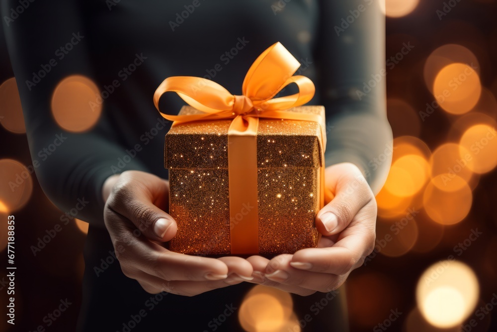 The Joyful Surprise of a Woman Embracing a Gift Box in Her Hands. A woman holding a gift box in her hands The Joyful Surprise of a Woman Embracing a Gift Box in Her Hands. A woman holding a gift box in her hands