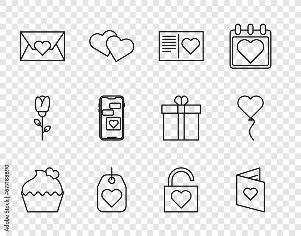 Set line Wedding cake with heart, Valentines day flyer, Heart tag, Envelope, Mobile, Lock and and Balloon form of icon. Vector Set line Wedding cake with heart, Valentines day flyer, Heart tag, Envelope, Mobile, Lock and and Balloon form of icon. Vector