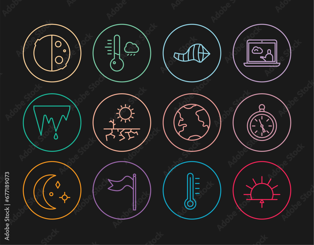 Set line Sunrise, Compass, Cone meteorology windsock wind vane, Drought, Icicle, Eclipse of the sun, Earth globe and Meteorology thermometer icon. Vector Set line Sunrise, Compass, Cone meteorology windsock wind vane, Drought, Icicle, Eclipse of the sun, Earth globe and Meteorology thermometer icon. Vector