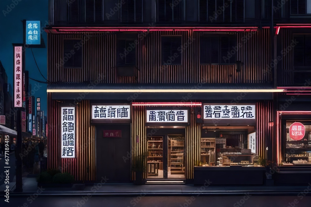 retro futuristic japanese storefront facade , neon glow ensigns , traditional japanese shop vitrine retro futuristic japanese storefront facade , neon glow ensigns , traditional japanese shop vitrine