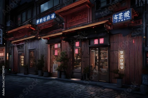 retro futuristic japanese storefront facade , neon glow ensigns , traditional japanese shop vitrine