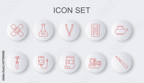 Set line Medical surgery scalpel, otoscope tool, tweezers, Blood pressure, Crossed bandage plaster, Test tube flask, IV bag and Medicine bottle pills icon. Vector