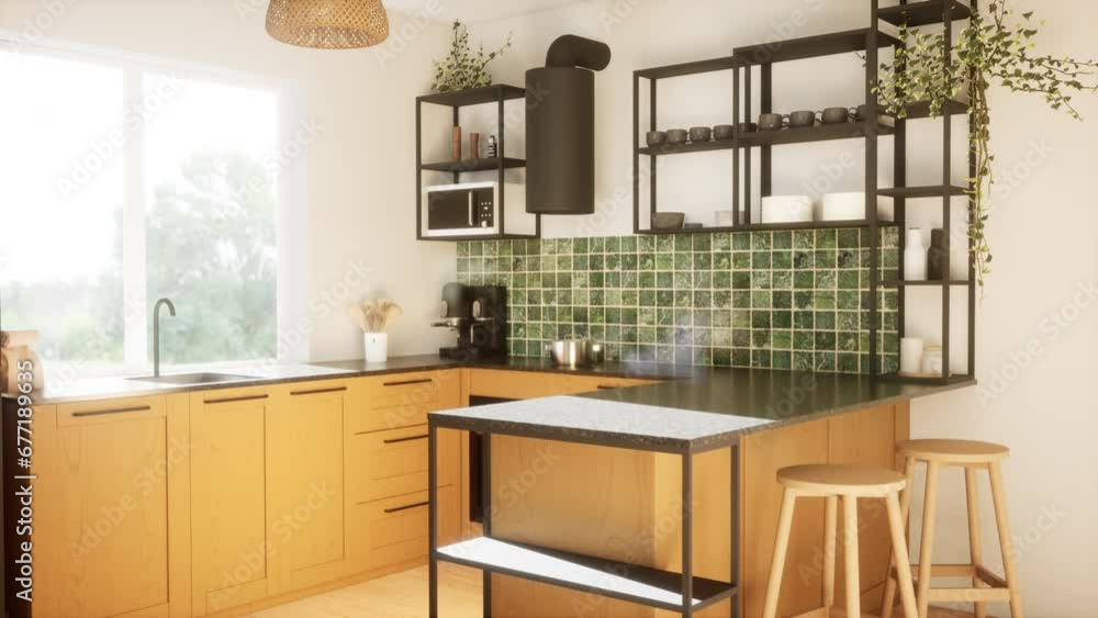 a modern and spacious wooden kitchen. 3D animation a modern and spacious wooden kitchen. 3D animation