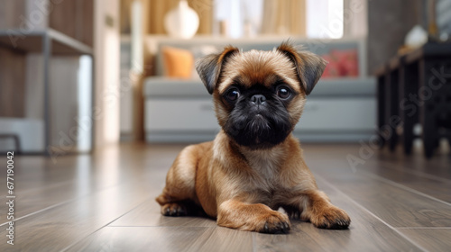 Portrait of a Brussels Griffon dog in an apartment, home interior, love and care, maintenance floor