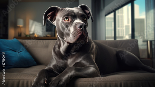 Portrait of a Cane Corso dog in an apartment, home interior, love and care, maintenance sofa