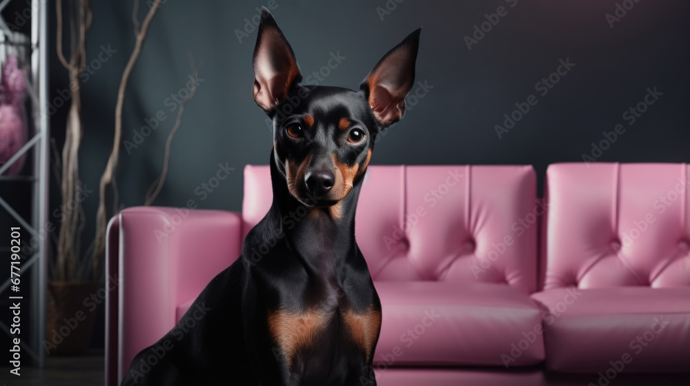 Portrait of a miniature pinscher dog in an apartment, home interior, love and care, maintenance. pink Portrait of a miniature pinscher dog in an apartment, home interior, love and care, maintenance. pink