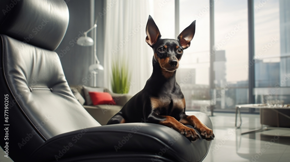Portrait of a miniature pinscher dog in an apartment, home interior, love and care, maintenance. Portrait of a miniature pinscher dog in an apartment, home interior, love and care, maintenance.