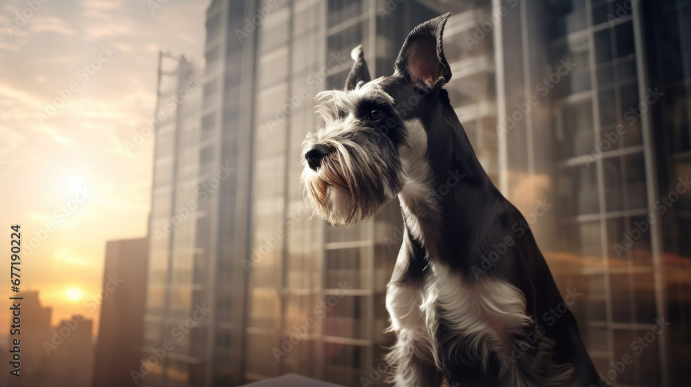 Portrait of a Miniature Schnauzer dog in an apartment, home interior, love and care, maintenance. hope