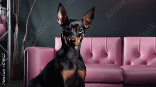 Portrait of a miniature pinscher dog in an apartment, home interior, love and care, maintenance. pink