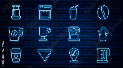 Set line Electric kettle, Teapot, Milkshake, Irish coffee, Coffee cup, Aeropress, machine and icon. Vector