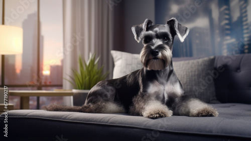 Portrait of a Miniature Schnauzer dog in an apartment, home interior, love and care, maintenance. Lies © Valeriia