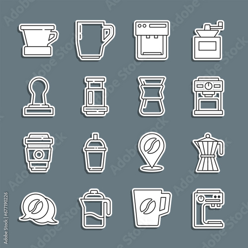 Set line Coffee machine, moca pot, Aeropress coffee, tamper, V60 maker and Pour over icon. Vector