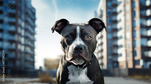 Portrait of a Pit bull dog in an apartment, home interior, love and care, maintenance. adult