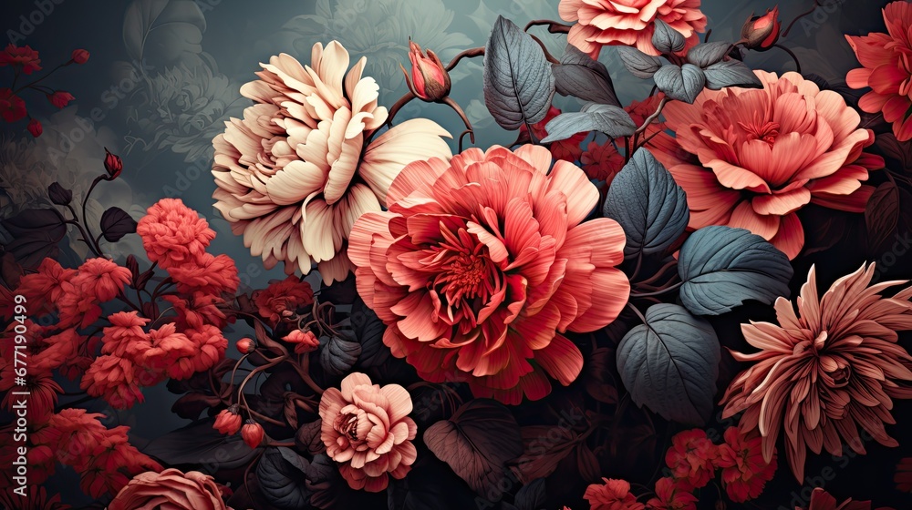 Fototapeta A romantic Victorian floral design, Vintage Floral Print Motif, High Contrast