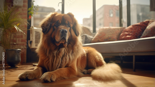 Portrait of a Tibetan Mastiff dog in an apartment, home interior, love and care, maintenance. red