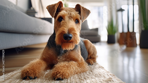 Portrait of a Welsh Terrier dog in an apartment, home interior, love and care, maintenance.