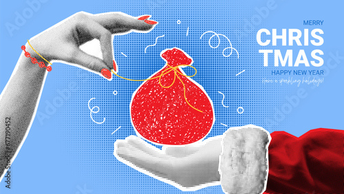Holiday Christmas banner template. Hand of Santa Claus holds red bag with gifts, hand of woman pulls thread. Christmas or New Year collage with halftone effect for decoration. Vector illustration.
