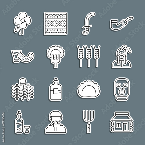 Set line Ukrainian house, Thief mask, cossack, Medieval sword, Dumplings on fork, Glass with vodka, Poppy flower and Wheat icon. Vector