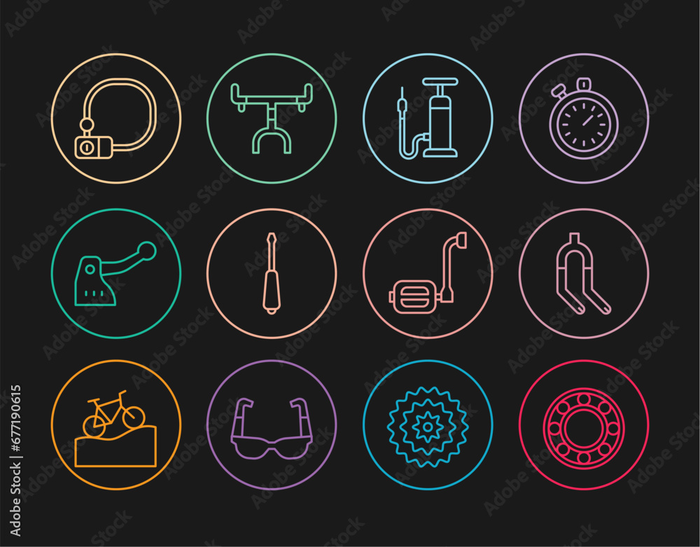 Set line Bicycle ball bearing, fork, air pump, Screwdriver, brake, lock, pedal and handlebar icon. Vector Set line Bicycle ball bearing, fork, air pump, Screwdriver, brake, lock, pedal and handlebar icon. Vector