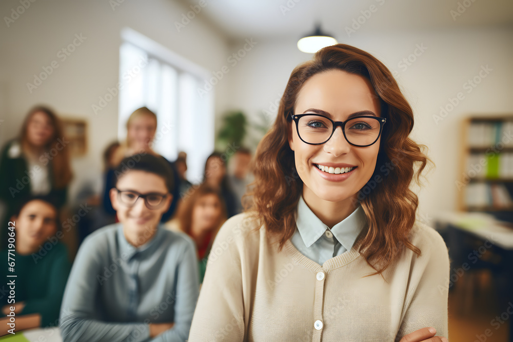 Female portrait of young teacher in class looking at camera with students in the background, back to school. Female portrait of young teacher in class looking at camera with students in the background, back to school.