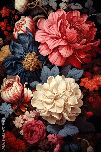A romantic Victorian floral design, Vintage Floral Print Motif, High Contrast